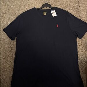 Polo by Ralph Lauren Men's Dark Blue V-neck Tee with Red Logo